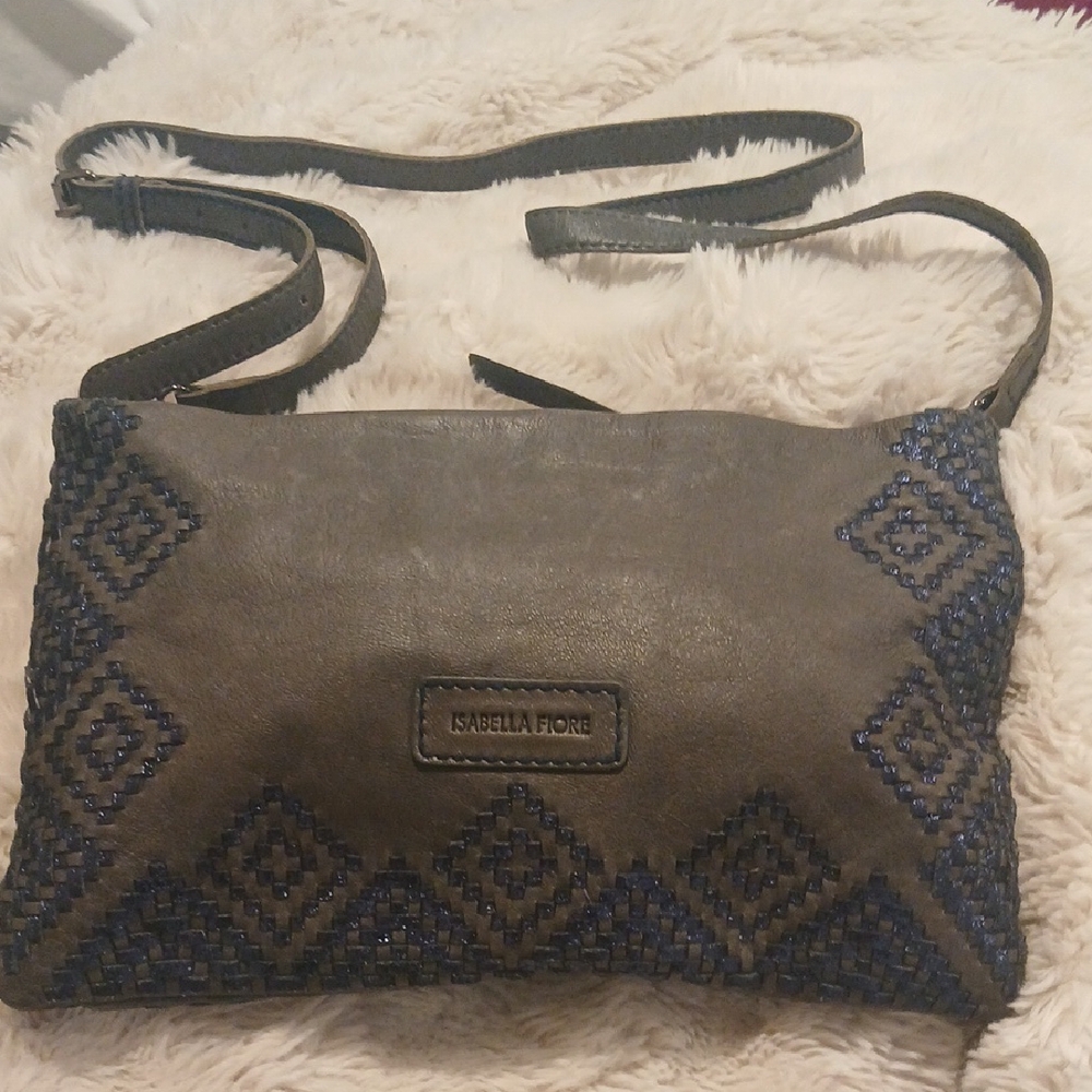 Isabella Fiore Gray and Blue Crossbody Bag with Geometric Patterns